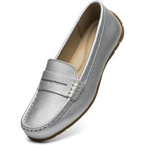 Kordal Women's Silver Leather Comfortable & Lightweight Penny Loafers Flats